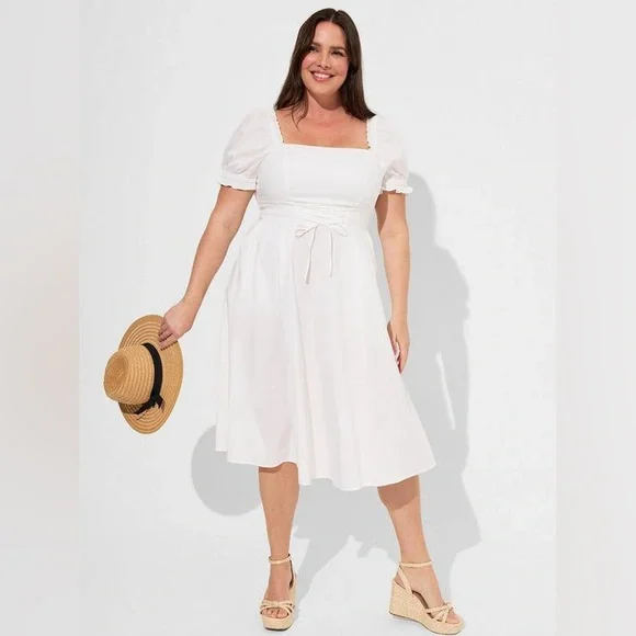 Torrid 4X New w Tag White Midi Poplin Shirred Bodice Fit N' Flare Dress - Picture 1 of 12